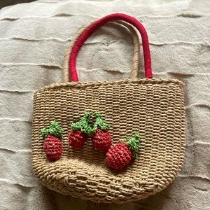Straw Woven Shoulder Purse with Strawberry embellishments
